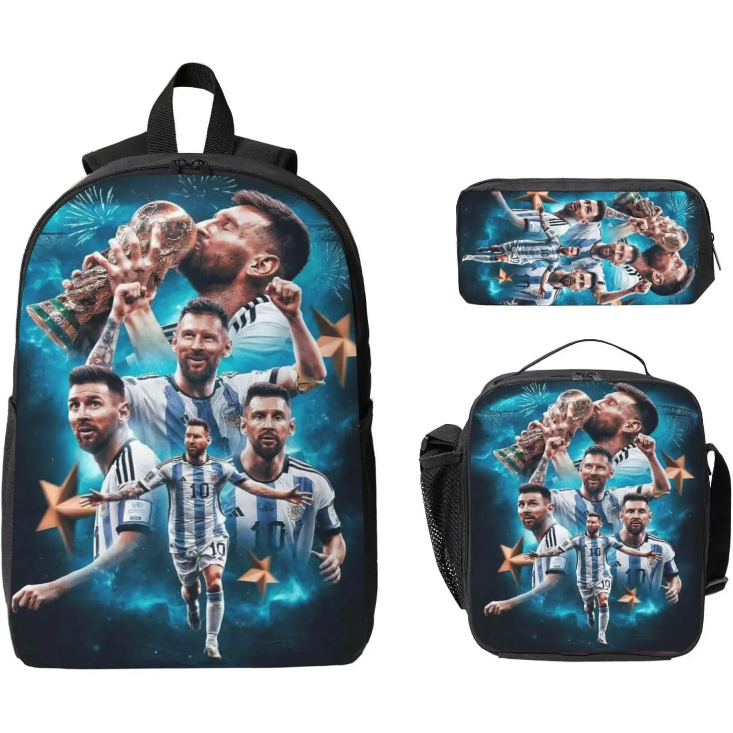 Unisex soccer backpack set, lightweight laptop backpack, includes lunch bag and pencil case, suitable for teenagers and young adults, large capacity, hand washable.