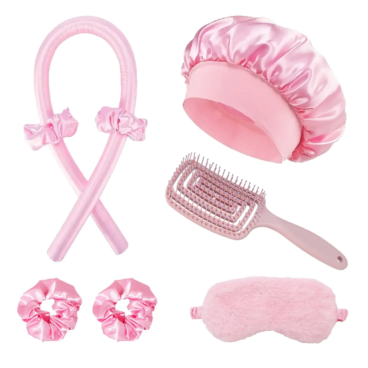 8-Piece Sleep Hairstyle Kit, No Heat Curler, 4 Hair Bands, Satin Sleep Cap, Eye Mask, Styling Comb, Suitable for All Hair Types