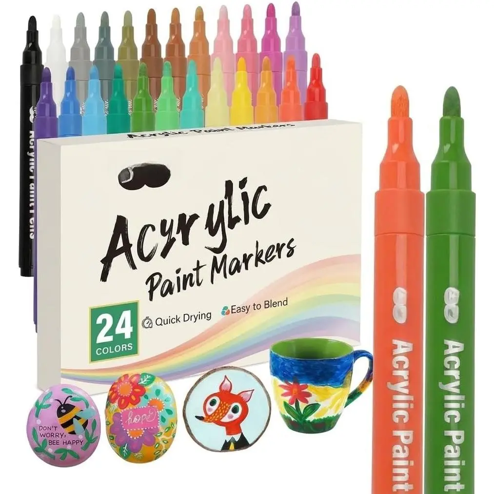 Acrylic Markers, 24-Pack Colorful Quick-Dry Ink Markers for Rock, Fabric/Glass, Office Stationery & Scrapbook Art Supplies, Craft Decoration Stocking Stuffers