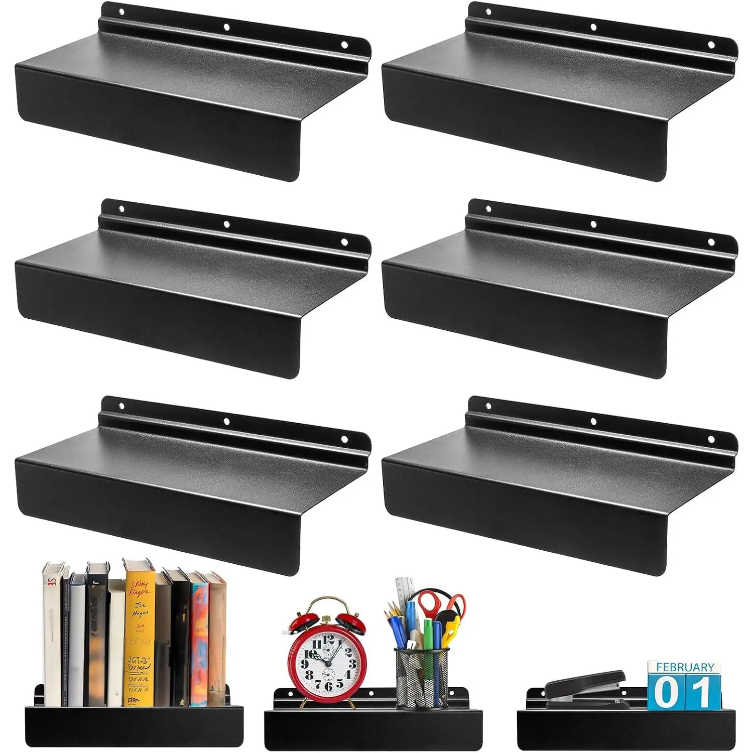 6 Pack Slatwall Shelves, 9''L x 4''W Metal Slat Wall Shelves Accessories, Heavy Duty Slat Wall Organizer Flat Retail Display Shelves for Living Room, Bedroom, Office, Gaming Room, Black