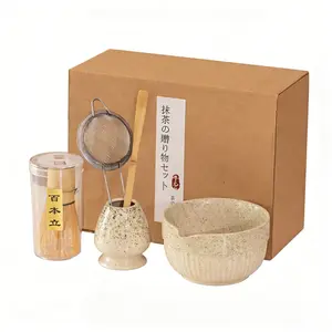 5-Piece Ceramic Matcha Tool Set, Japanese Tea Ceremony Gift Box, Includes Teacup, Bamboo Chasen, Spoon, Sieve, Chashaku Stand