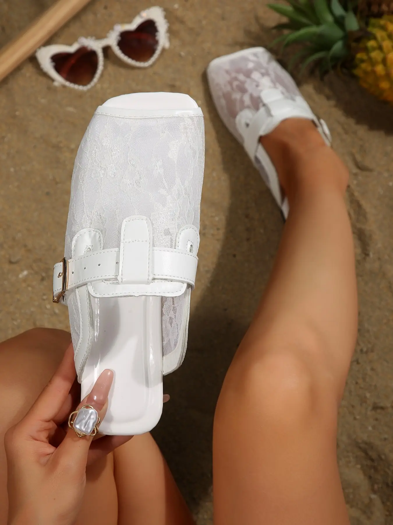 Elegant Lace Mesh Sandals, Adjustable Buckle, Breathable PU Material, Comfortable Flat Shoes, Perfect for Casual Outings, Pair with Dresses and Jeans
