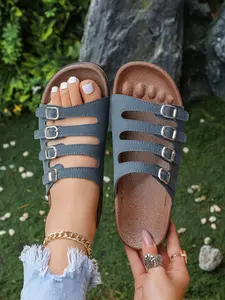 Birkenstock Style Four Buckle Sandals, Vintage Open-Toe Thick Sole Slippers, Women's Comfortable Versatile Outdoor Shoes for Spring Summer
