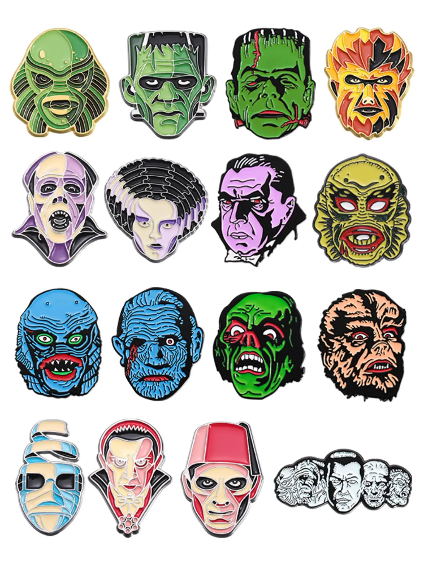 16-Piece Classic Horror Movie Monster Enamel Brooch Set, Frankenstein Vampire Halloween Alloy Pin, Fashion Accessory for All Seasons