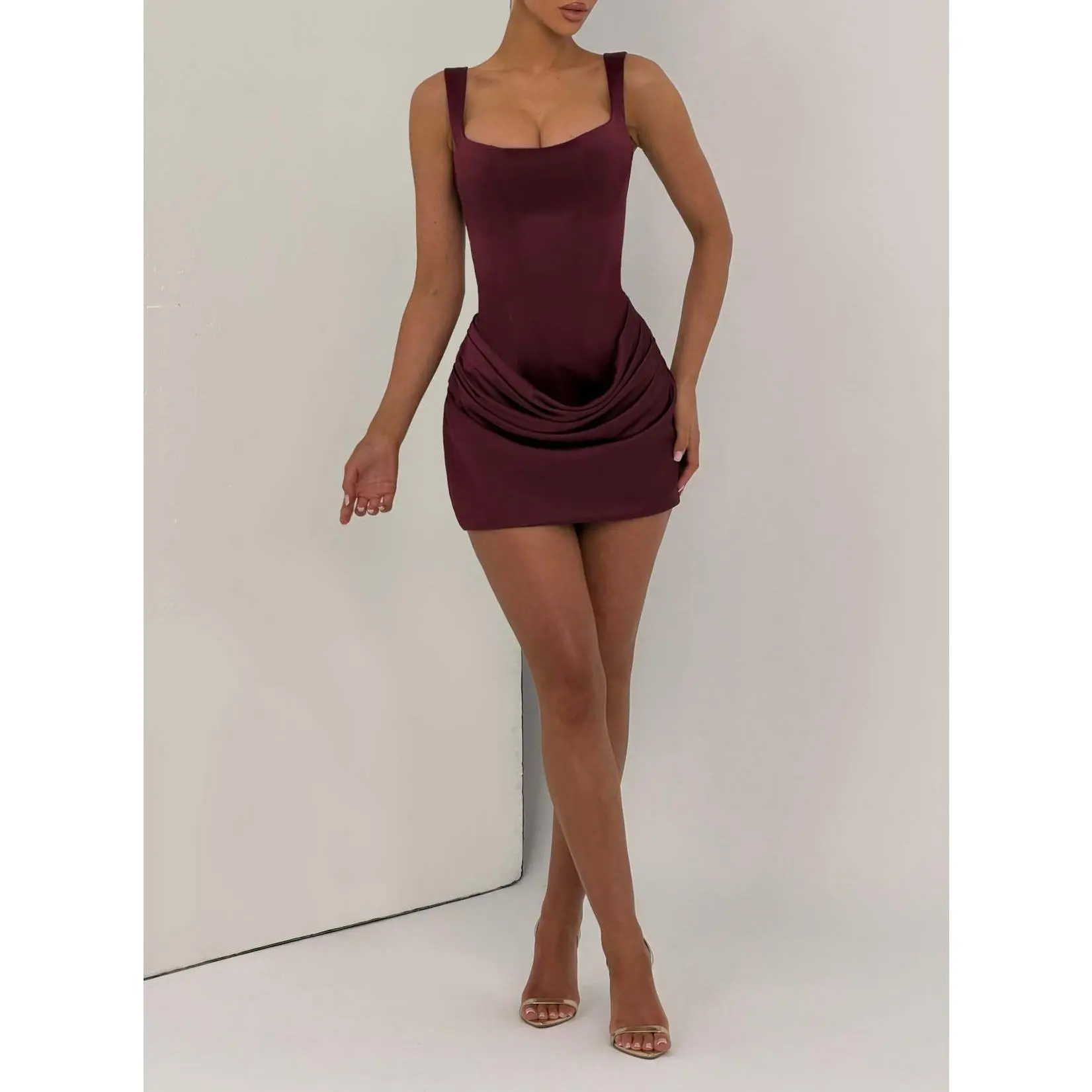 Women's Formal Square Neck Sleeveless High-Waist Polyester Dress - 3D Ruched, Slim Fit, Tie Detail, Bodycon Mini, Figure-Flattering, Machine Wash for Dating Club Nights