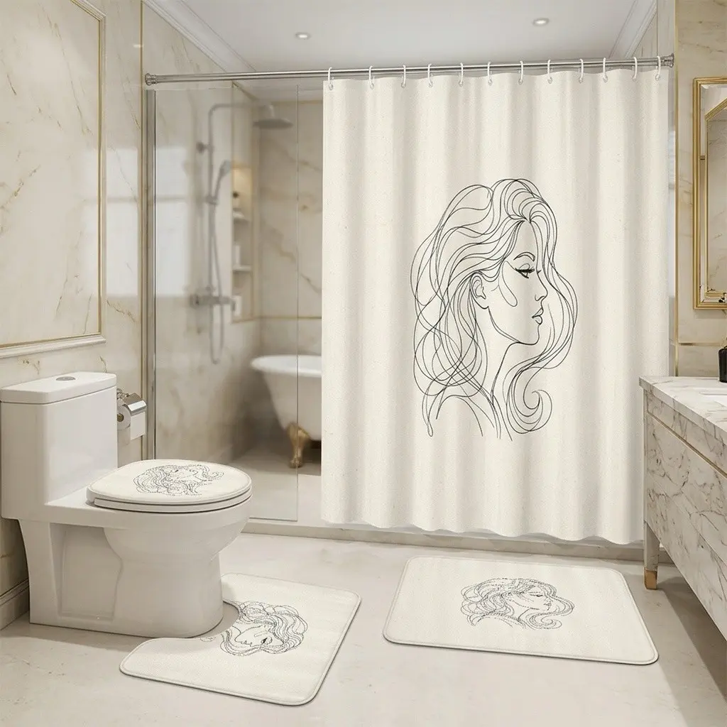 Minimalist Line Art Girl Shower Curtain Set, 4 Piece Bathroom Set with Bath Mat, U-Shaped Toilet Rug, Toilet Lid Cover & Hooks, Modern Bohemian Bathroom Decor