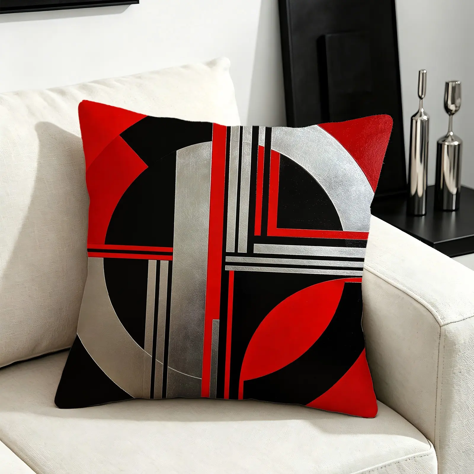 Industrial Red Black Geometric Metallic Square Throw Pillow, 45×45cm With Insert, Waist Support Cushion For Sofa Window Cafe Patio, Multi Colors, Unique Decor Gift