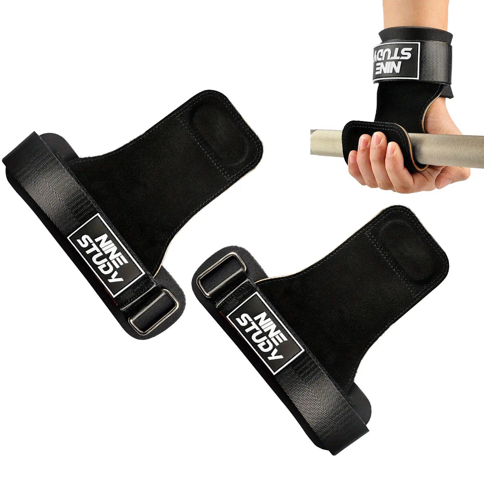 1 Pair Weight Lifting Wrist Straps with Wraps, Double Layer Leather Gym Grips for Deadlift & Powerlifting, Neoprene Padded Wrist Support for Pull-Ups, Rows, and Heavy Training