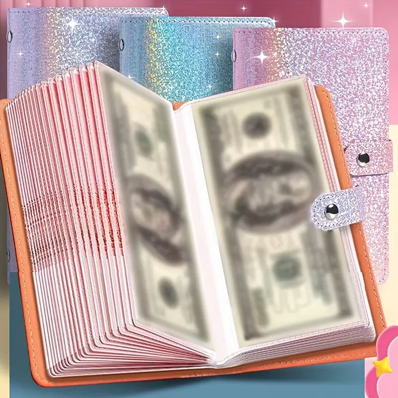 A6 Large Capacity Storage Book, PU Leather Money Box Organiser, 50 Pages, Holds 100 Bills, Waterproof, Bright Colors, Snap Closure