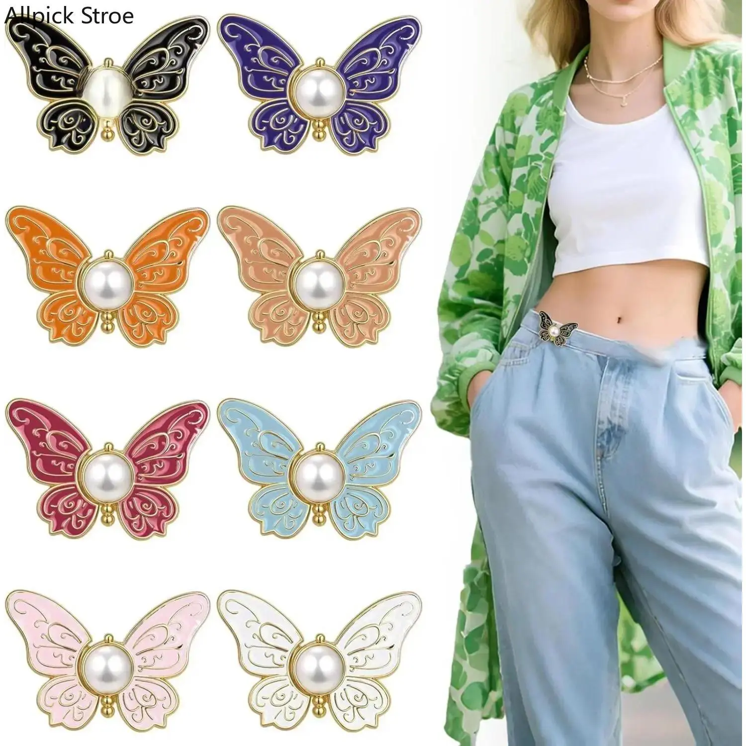 Premium 8-Pack Adjustable Butterfly Jean Buttons - Alloy Metal No-Sew Reusable Detachable Waist Tighteners, 1.4*1.1 Inches Denim Accessory Jeans Fixer with Belt Clip Charms & Twillies for Loose Denim Pants - Durable, Cost-Effective Instant Fit Solution