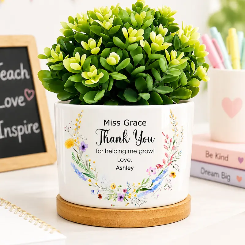 Personalized Teacher Pot Custom Name Text Ceramic Flower Pot Floral Thank You Design For Potted Plant Succulent Display Classroom Desk School Office Window Sill Shelf Home Decor Back To School Teacher Appreciation Gift For Teachers Educators School