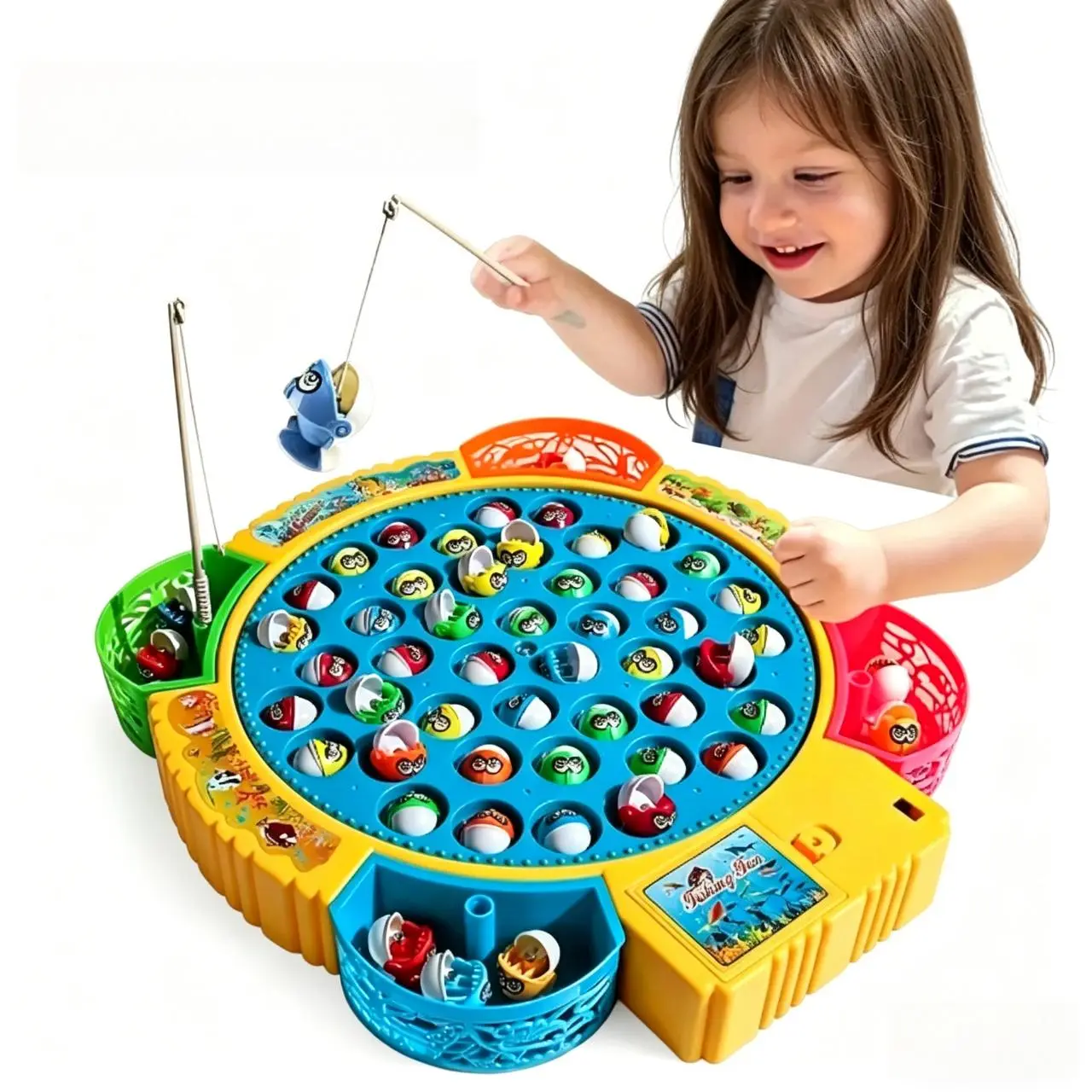Plastic Unisex Magnetic Rotating Board Fishing Game - 45 Fish, 8 Rods, Musical Interactive Set, Family Fun Party Game, Tabletop Activity for Christmas/Children's Day Gift
