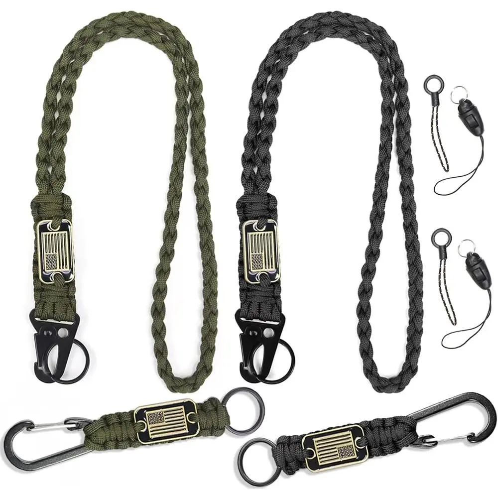 2/4PCS Heavy Duty Paracord Lanyard Keychains with USA Flag, Braided Long/Short Lanyard for Men’s Keys (Office Identification Badge Accessory)