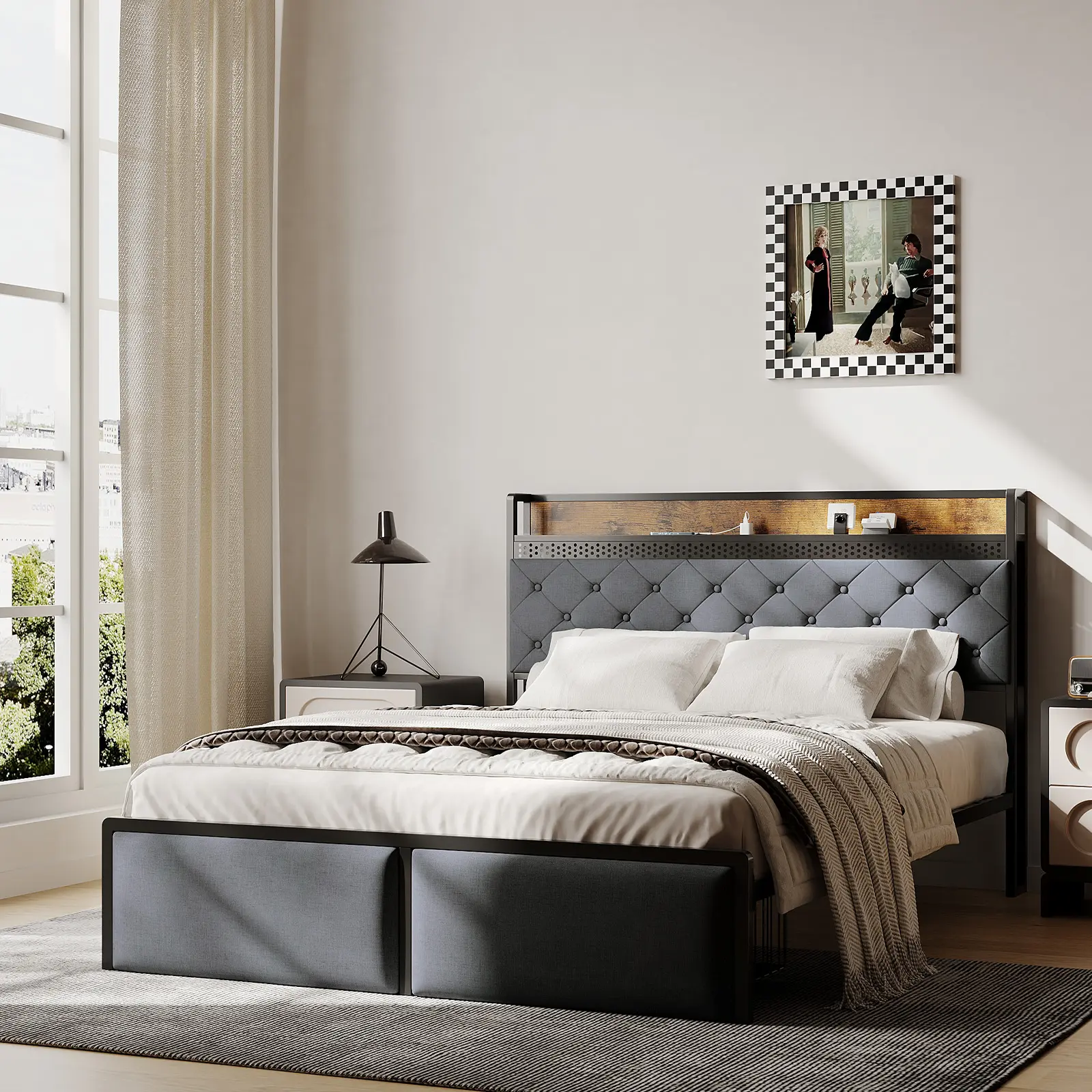 Modern Metal Platform Bed Frame for Kids with Headboard, LED Lights, USB Ports, Power Outlets, 2 Storage Drawers, Noise-Free, Easy Assembly, King Size