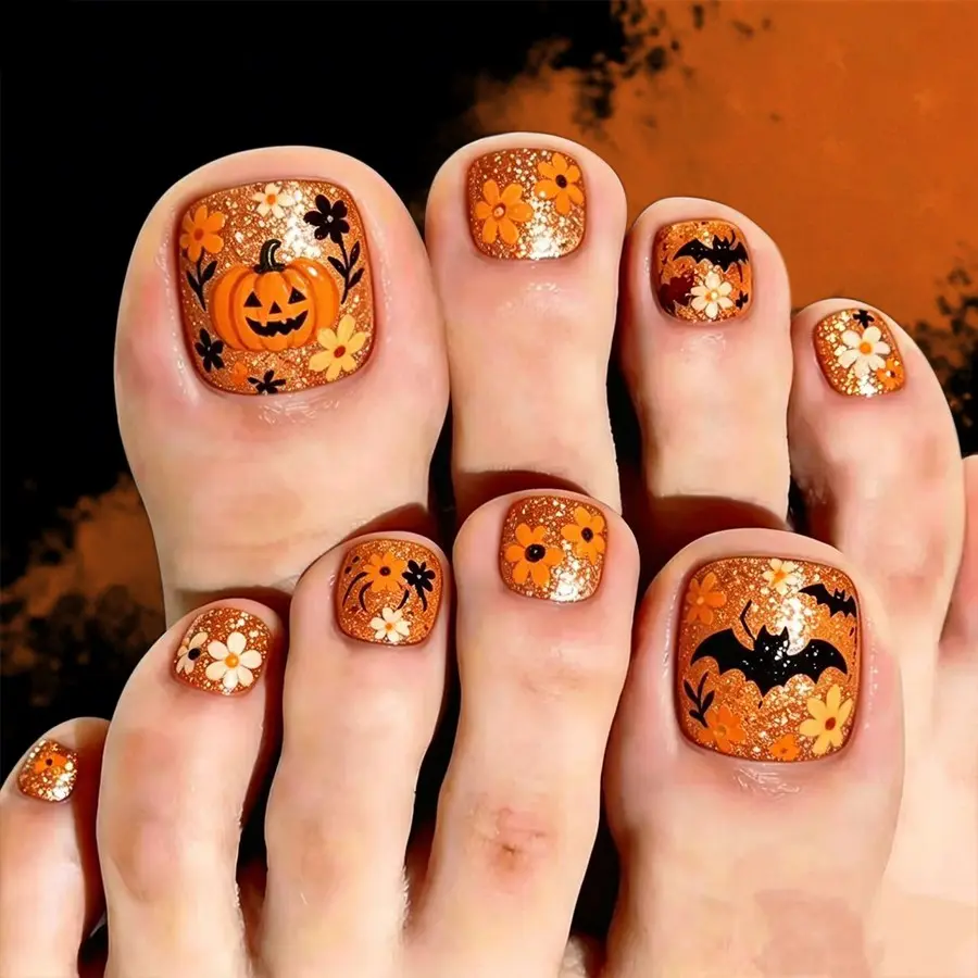 24pcs Short Square Pumpkin Bat Flower Glitter Halloween Toe Nails, Reusable Press-On Nails, Bright Floral Fake Nails for Women and Girls