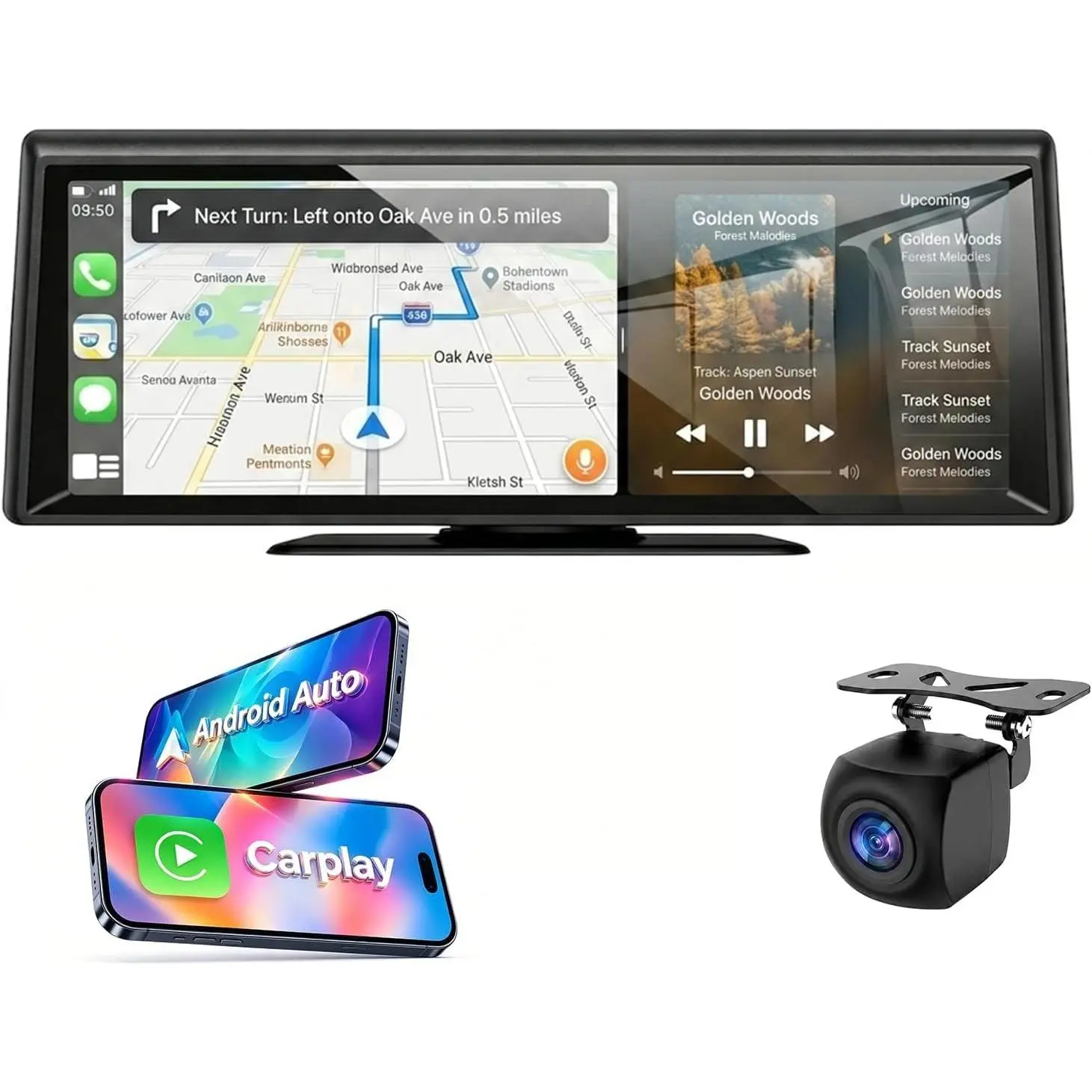 8.1" Portable Wireless CarPlay Stereo with 2K Dash Cam & 1080P Backup Cam |   Wireless CarPlay/Android Auto, Voice Control, Split Screen, Plug & Play, 2K Dash Cam + 1080P Rear Cam