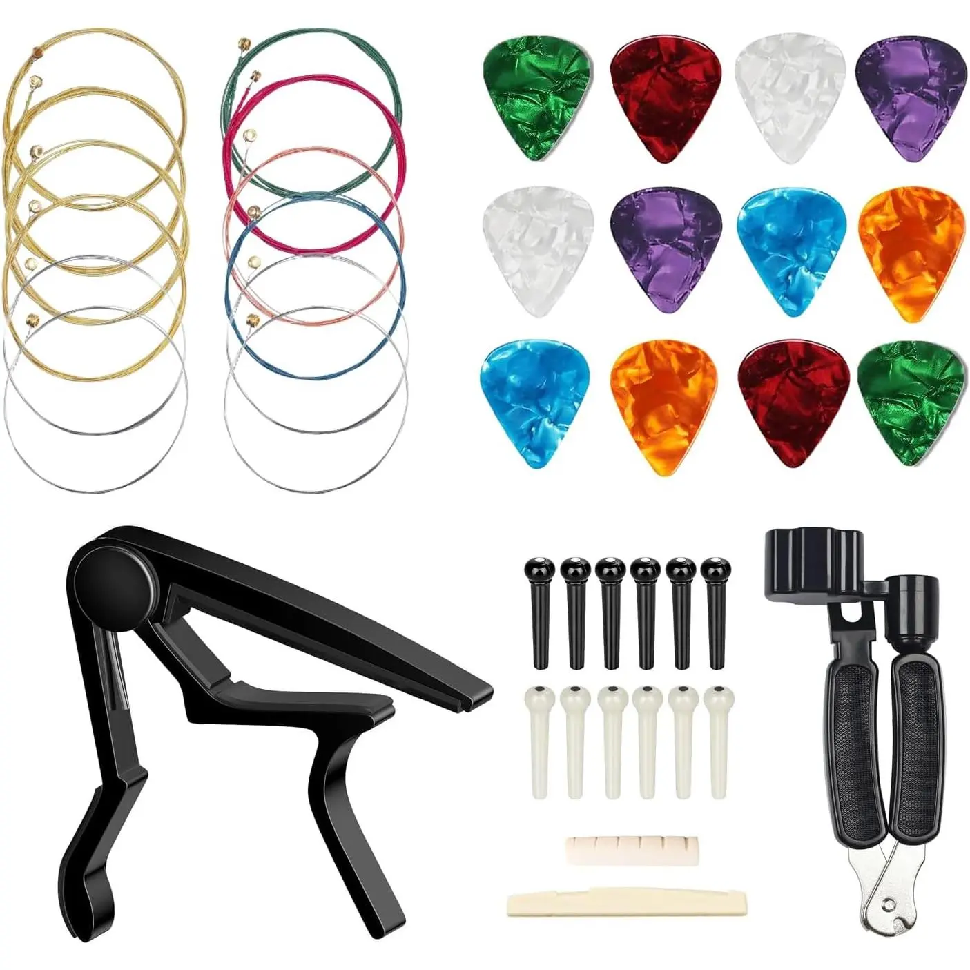 Acoustic Guitar Accessories Kit,Guitar Tool Changing Kit Including Acoustic Strings, Picks, Capo, Bridge Pins, Bridge Saddle Nut and 3 in 1 guitar string winder  and pin puller.