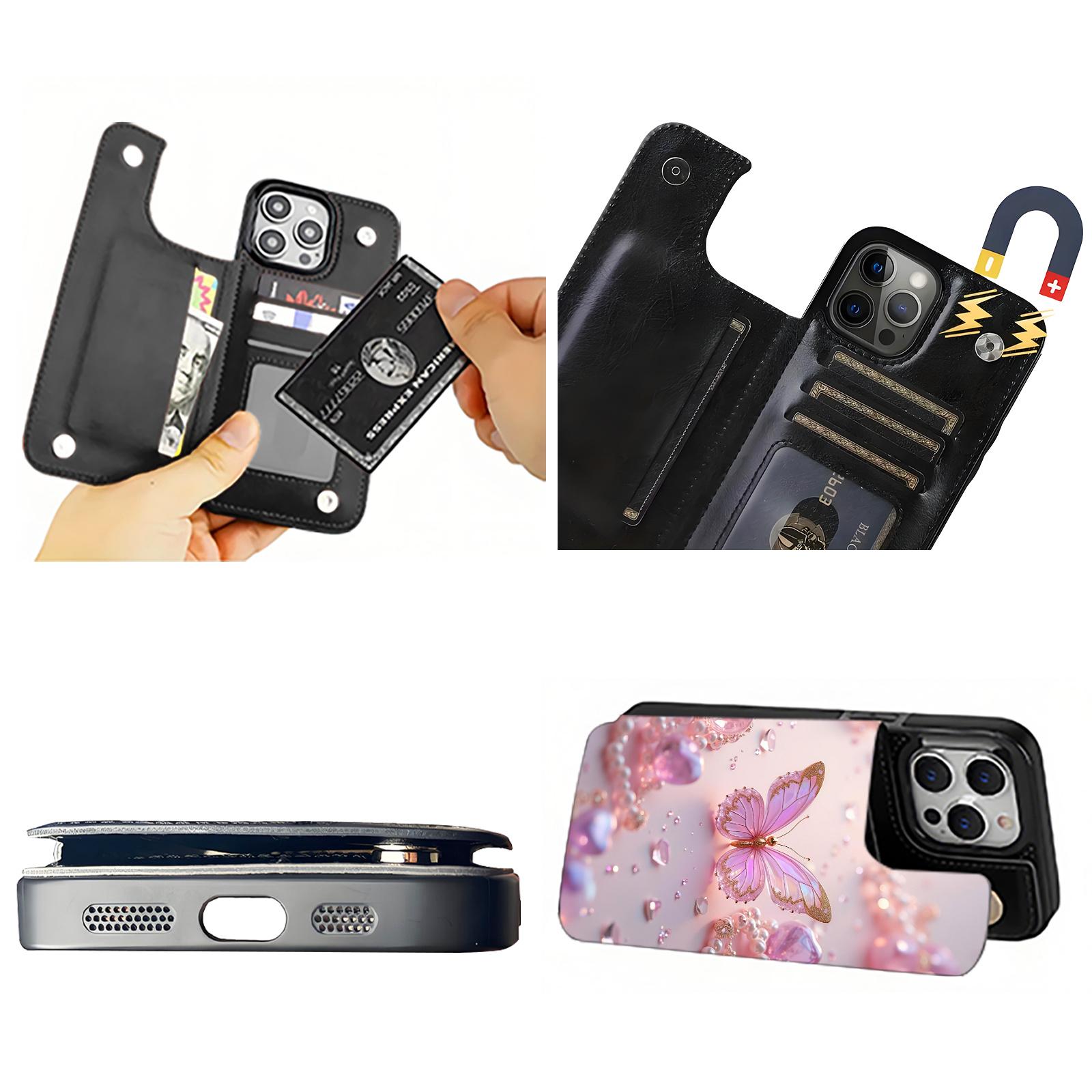 Beautiful Pink Butterfly Jewelry Design Pattern Leather Card Holder Phone Case,for iPhone 17 16 15 14 13 12 11 Pro ProMax Plus  Air series , Samsung Galaxy S25 ULTRA FE Plus S22 S23 FE S24 Plus,Pumpkin,Drink,Note11Pro