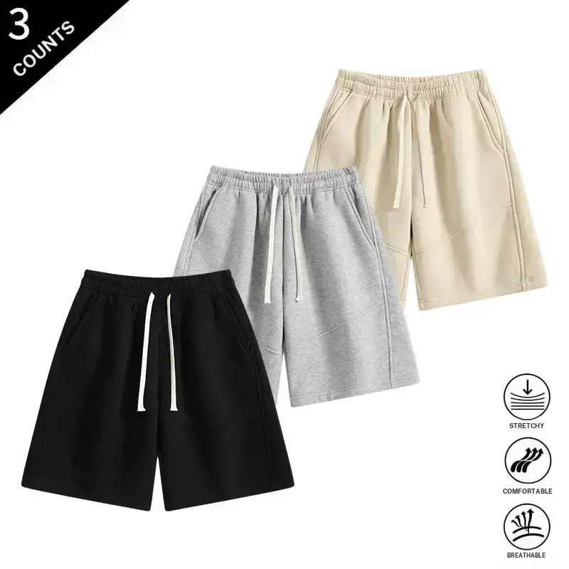 （3 pack）Men’s casual athletic shorts, elastic waistband with drawstring, knee length Bermuda shorts, loose patchwork fitness training sweat shorts with pockets, basic summer everyday jogging shorts