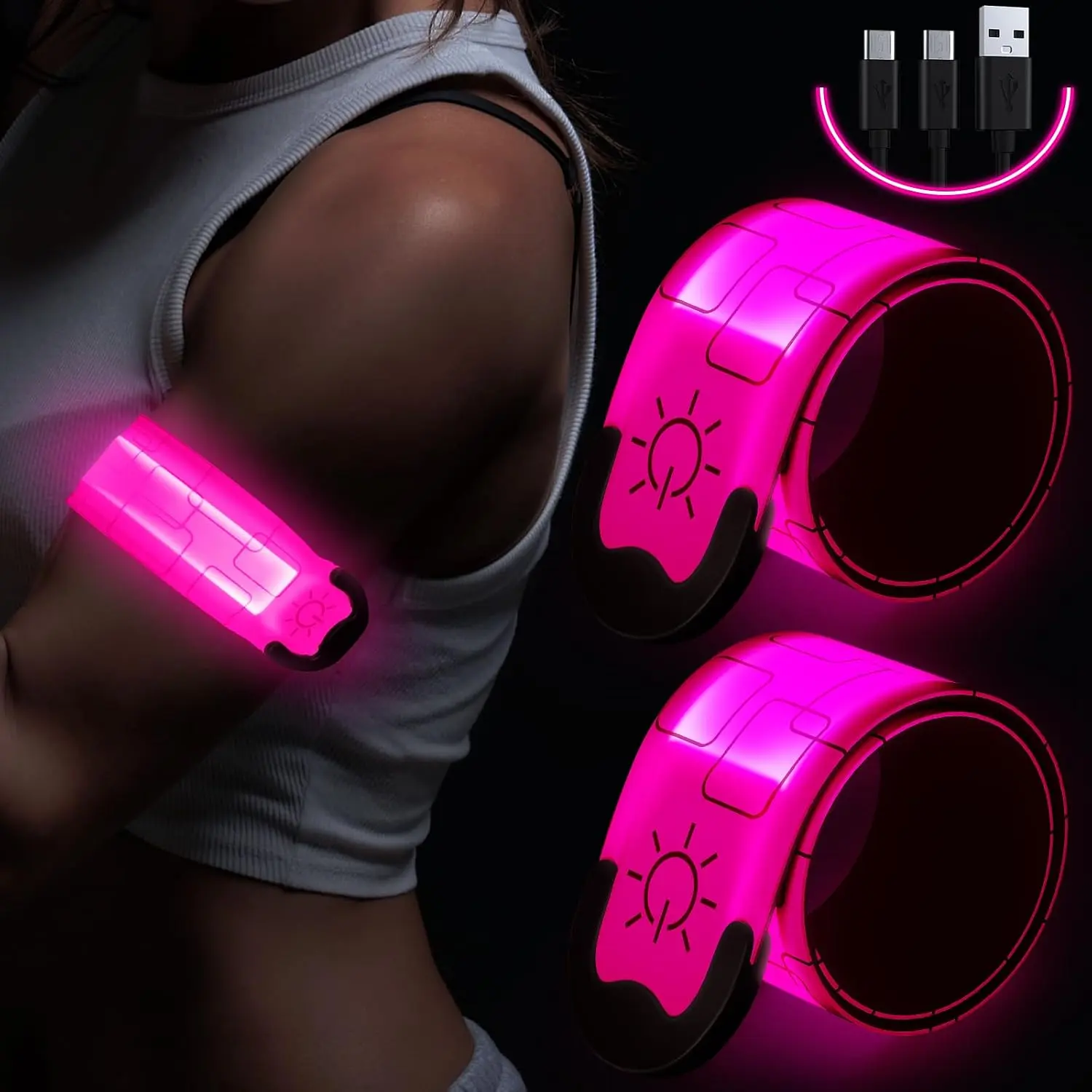 LED Armband Rechargeable for Running(2 Pack), Running Lights for Runners, Running Lights, High Visibility Reflective Running Gear Adjustable Light Up Arm Bands for Men Women