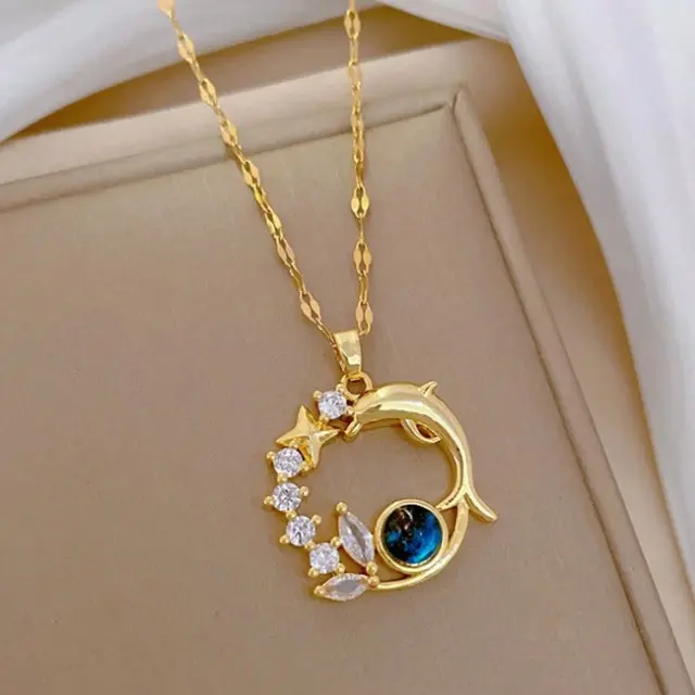 Women's Gold-Plated Dolphin Pendant Necklace with Sparkly Crystal Star Charm, Oceanic Beach Theme Mermaid Aesthetic Layered Fine Costume Jewelry, Christmas Birthday Gifts for Women