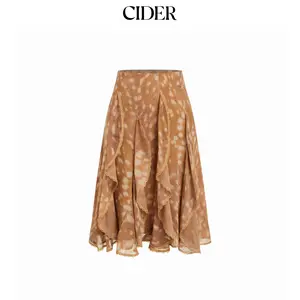 Cider Chiffon Mid Rise Placement Graphic Ruffled A-line Midi Skirt