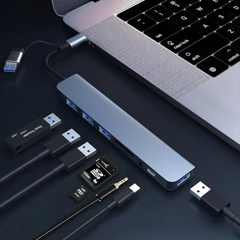 usb c adapter 8 in 2 USB +Type C HUB Docking Station with 3.5mm Audio Jack Adapter Micro SD Card Reader Laptop Tablet Phone Disk Converters