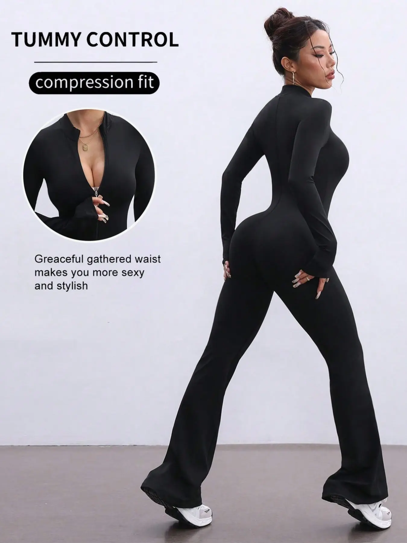 Solid Color Jumpsuit with Zipper Design and Stand Collar, Slim Fit, Perfect for Women's Outdoor Activities, Fitness, Yoga, Running, Athletic Jumpsuits