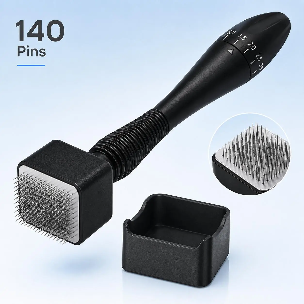 Adjustable Derma Stamp, 140-Needle Microneedle Stamp with 0–3.0 mm Depth Control, Textured Grip and Protective Base for At-Home Face Skincare Routine