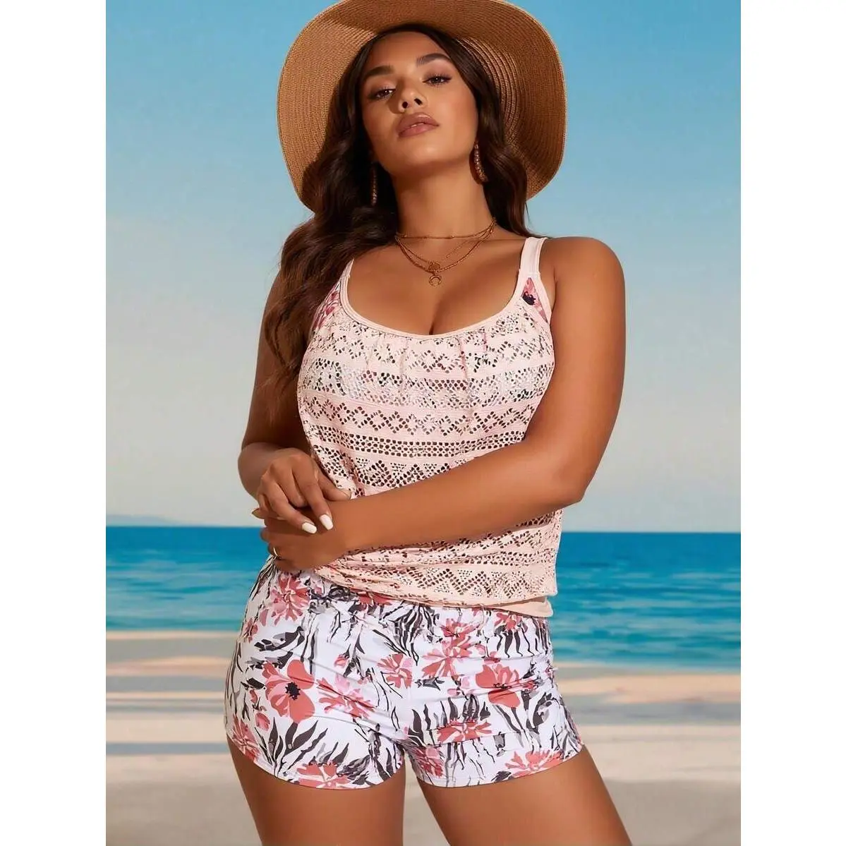 2026 New Pink Lace Patchwork Floral Print Tankini Set Round Neck Tummy Control Boy Short Two Piece Swimwear
