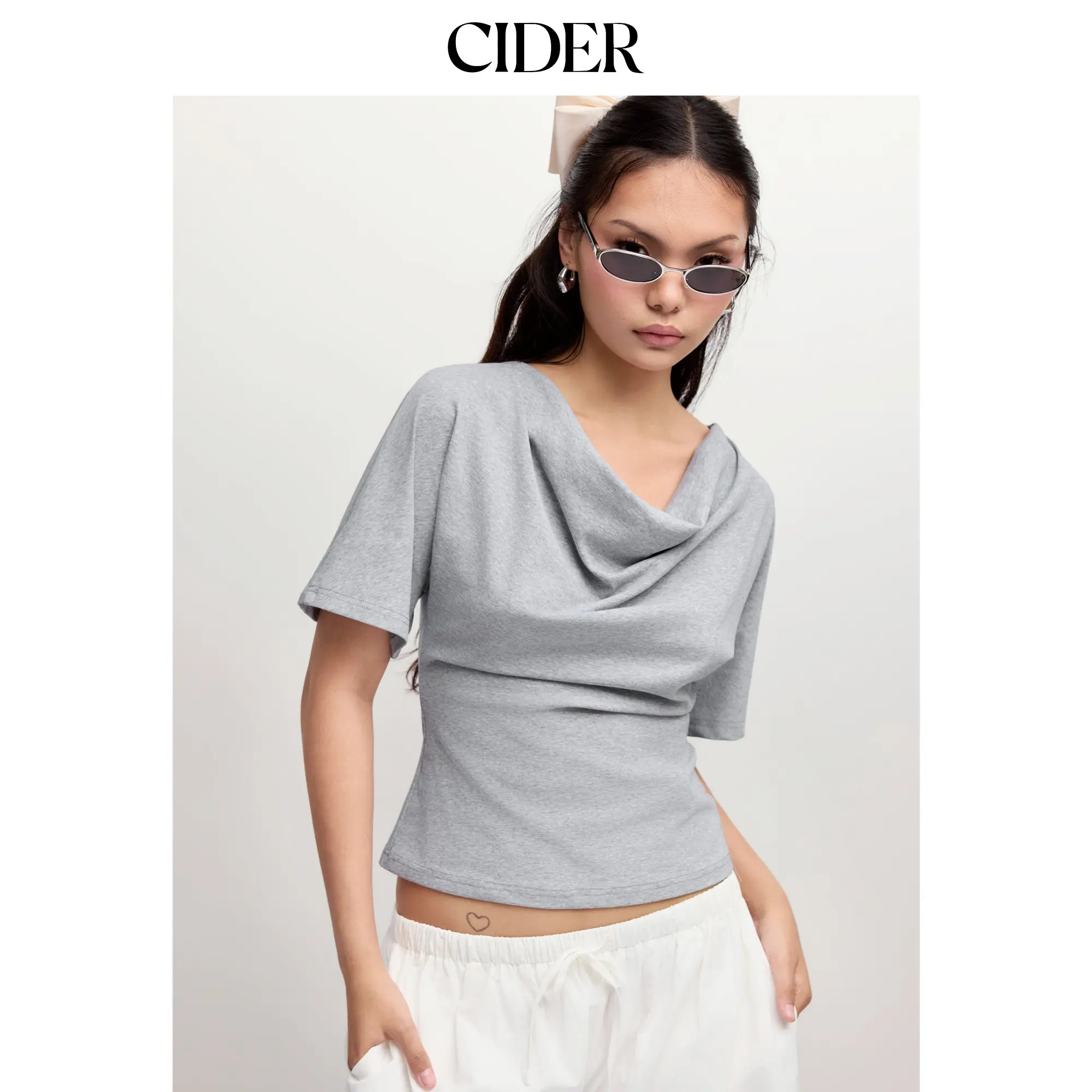 Cider Cotton-blend Cowl Neck Short Sleeve Tee