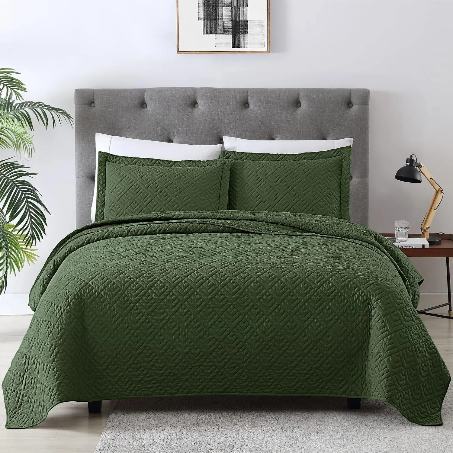 Full Queen Size Olive Green 3 Piece Quilt Set Lightweight Soft Modern Squares Pattern Coverlet Bedspread Set Includes 1 Quilt and 2 Pillow Shams