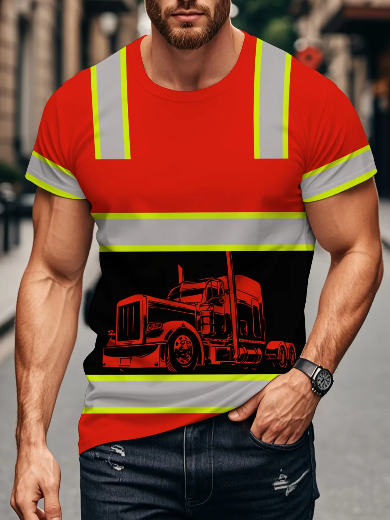 Men's Workwear T-Shirt, Semi-Truck Silhouette Print, Short Sleeve Casual Top, Truck Driver Safety Pattern Shirt