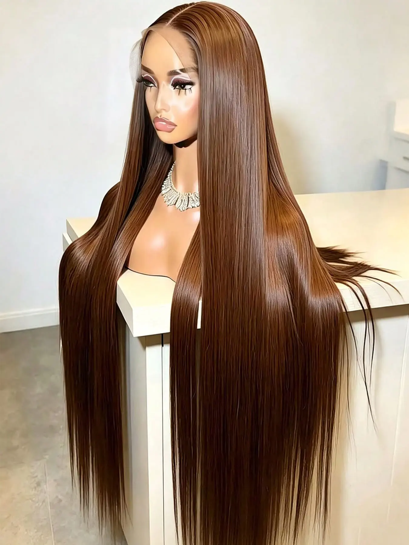 [Super Deal] Chocolate Brown 4# Glueless Straight Wig Synthetic Lace Front Wigs 13x4 HD Transparent Lace Frontal Wigs Heat-Resistant Hair 200% Density Pre Plucked Hairline Natural Look Daily and Party Use