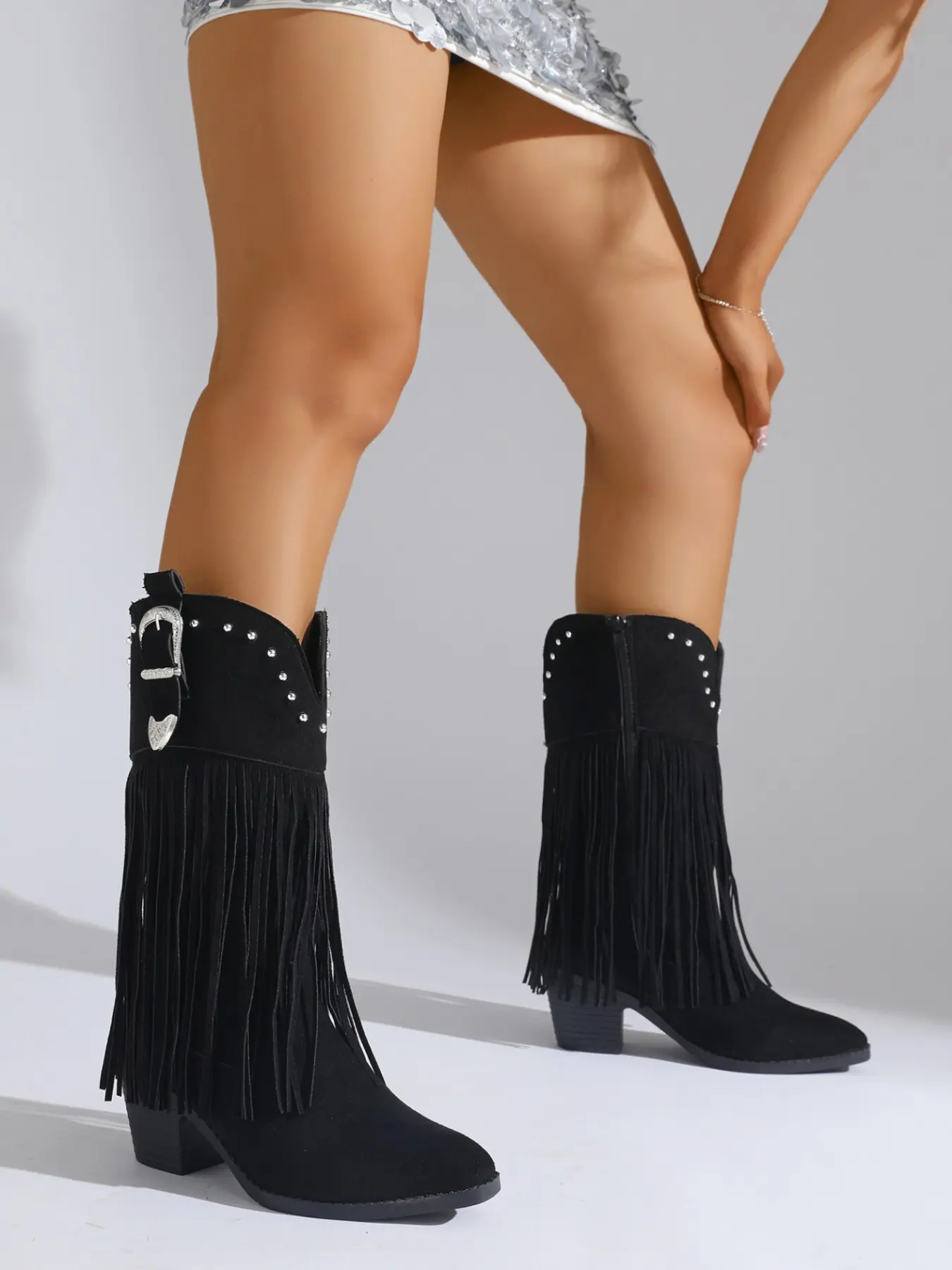 Long Fringe Western High Boot, Matte Finish Pointed Toe Thick Heel, Rhinestone Buckle Decor, Women's Jeans Boots, Fashionable and Stylish, Cowgirl Boots