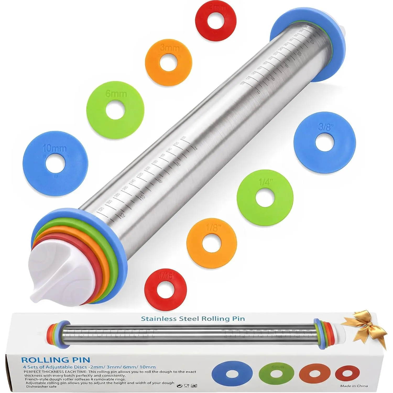 Rolling Pin with Thickness Rings for Baking | 17" Stainless Steel Adjustable Dough Roller for Cookies, Pizza, Pie, Pastry & Pasta, Fondant Baking Supplies