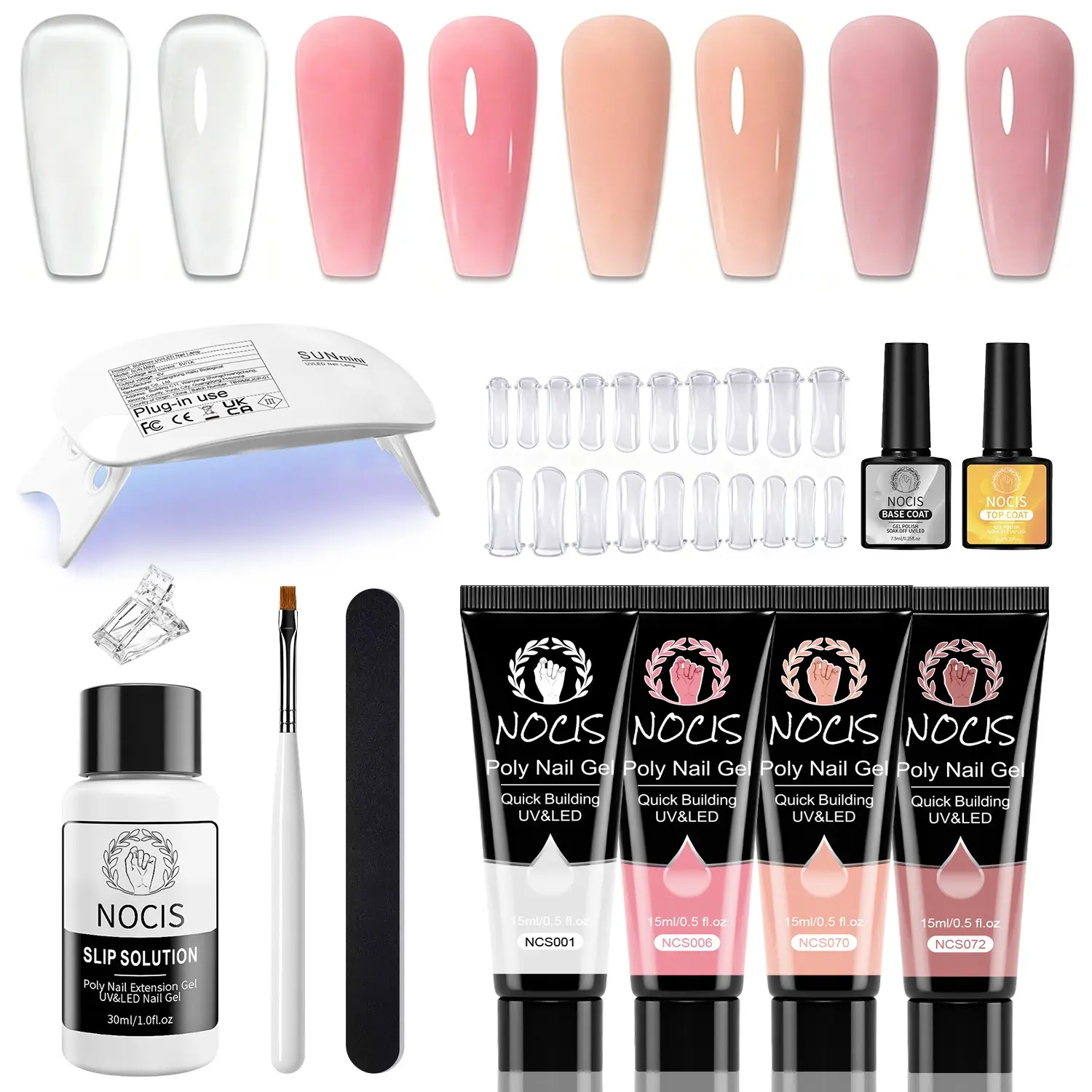 Nocis 4 Color Gel Extension Kit, 15g Tube, Transparent, Nude, Peach, Warm Nude, Complete Manicure Set with Mini UV Lamp, Base Coat, Top Coat, Cleaning Water, Extensions Mold, Accessories