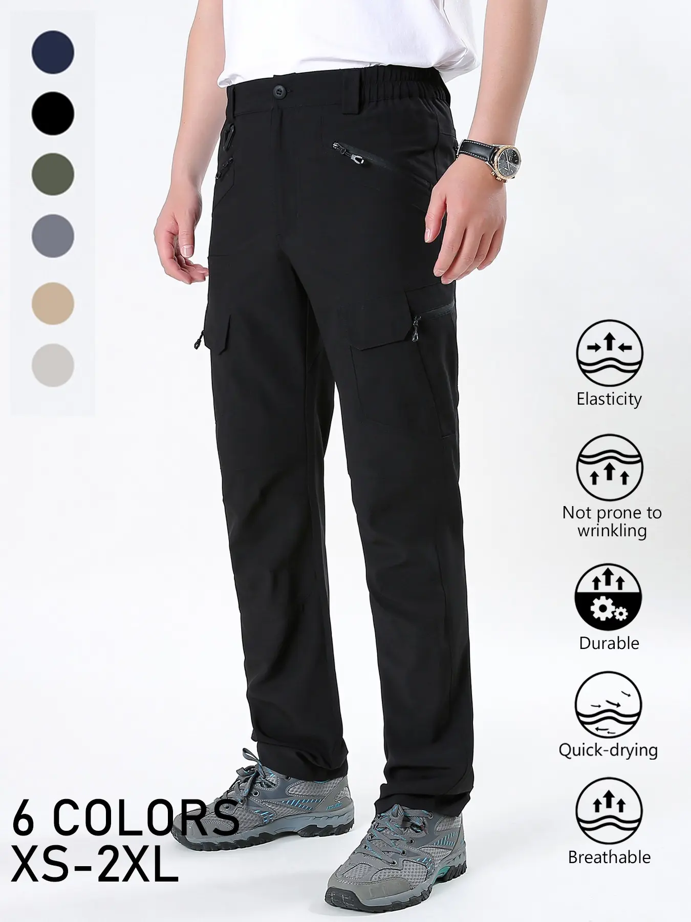 Men's Solid Color Cargo Quick Dry Hiking Pants, Elastic Waist Breathable Stretch Outdoor Trekking Trousers, Wrinkle‑Resistant Durable Straight Work Pants with Multi Zipper Pockets for Mountaineering Fishing Camping Summer Sports Daily Wear, 6 Colors