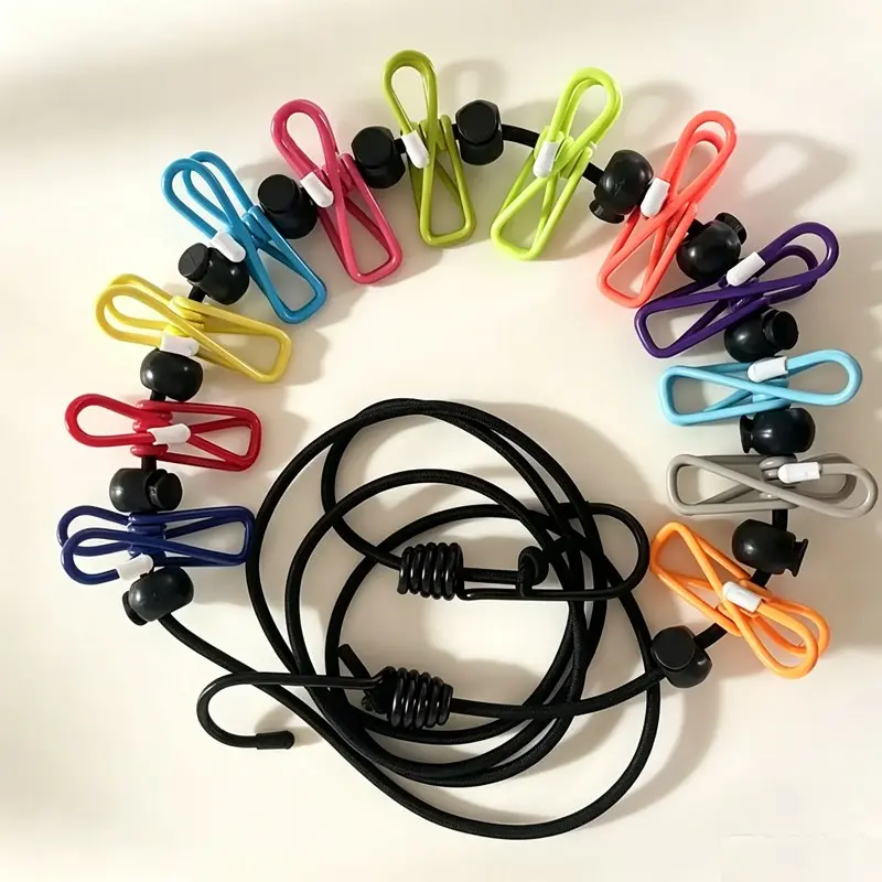 Portable Extendable Laundry Clothesline with 12 Colorful Rust-Resistant Clips, Windproof Anti-Slip Travel Clothesline for Camping, RV, Beach, Apartment, Dorm