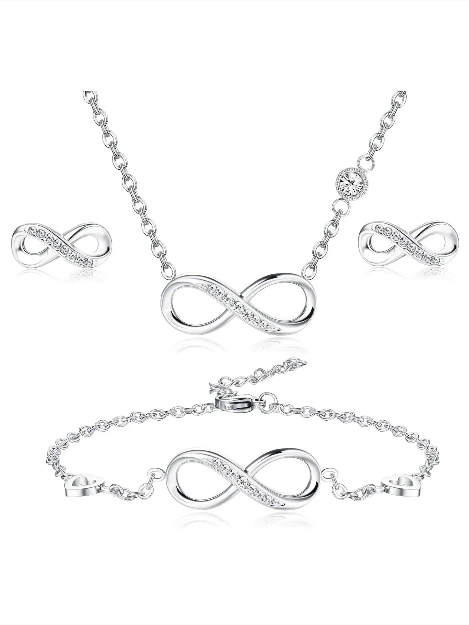 4 Pcs Exquisite Infinity Symbol CZ Jewelry Assortment Silvery Necklace Bracelet Earring Set for Daily Unisex Styling Solid Smooth Long-lasting Stainless Steel Jewelry Classic Eternal Love Infinity Icon Design Meaningful Gift for Best Friend