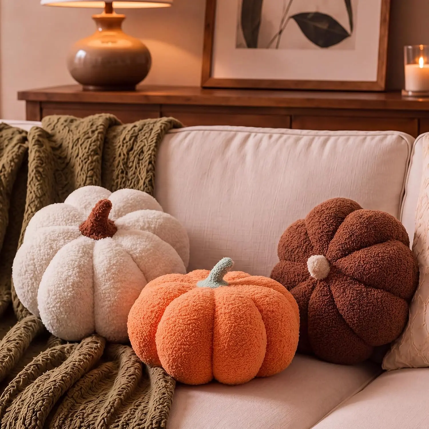 3-Piece 3D Simulated Pumpkin Plush Pillows with Cotton Cover & Breathable Fill - Festive Look Decor for Fall Thanksgiving Halloween, Home & Car, Bedroom, Living Room Sofa Couch (White,Orange,Brown), Multi-Size
