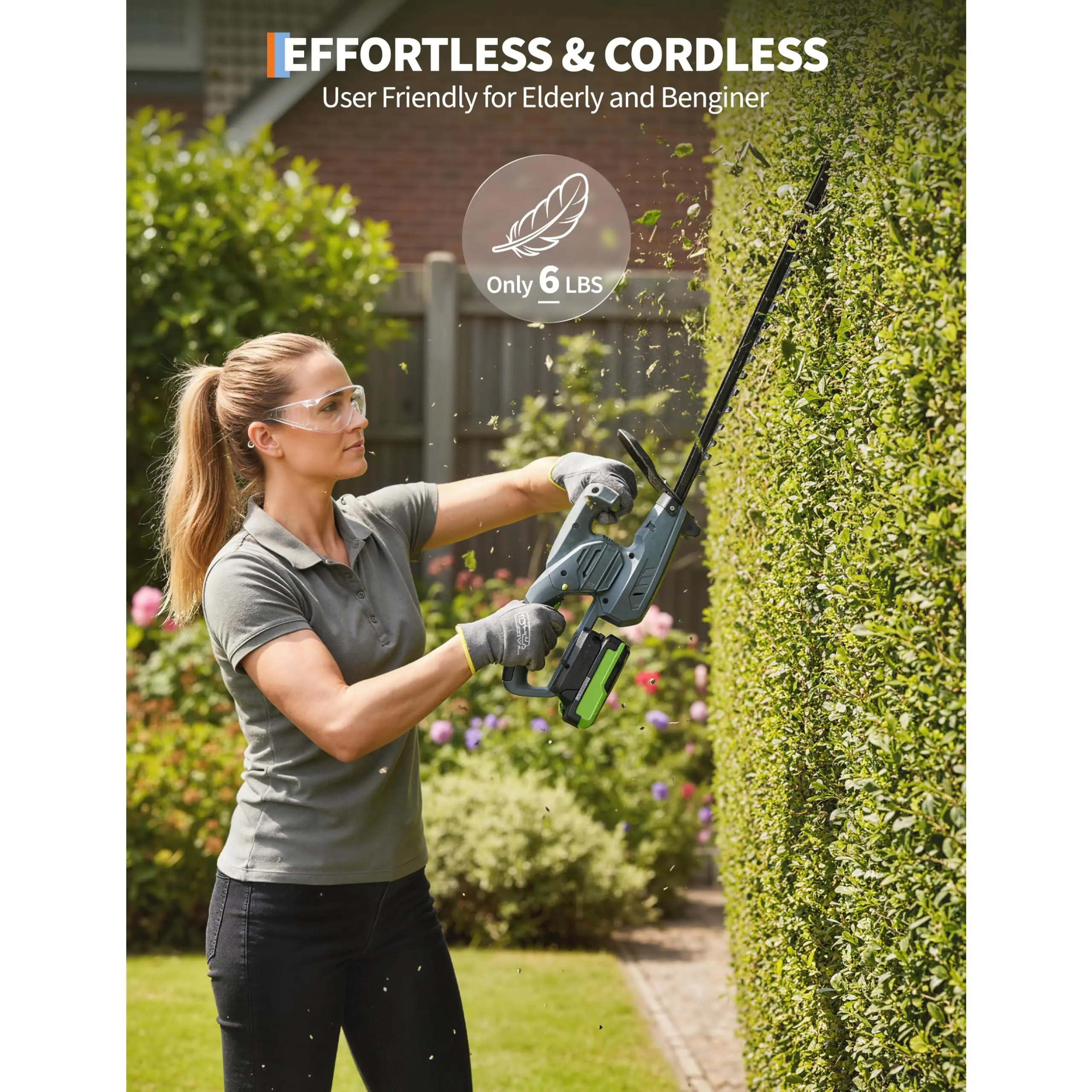 17.7 Inch Wireless Hedge Trimmer 18V 2.0Ah Battery and Charger Included 0.63 Inch Cutting Capacity Lightweight 4lb Double Sided Blade with Safety Lock and Tip Protector for Garden Lawn and Yard Maintenance