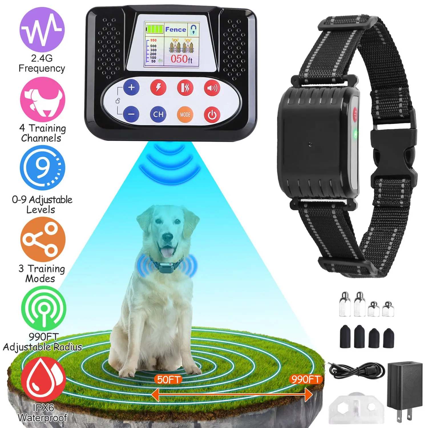 990FT Wireless Dog Fence & Training Collar System, Rechargeable IPX6 Water Resistant Pet Containment Kit with Remote, 3 Modes Control, 0-9 Levels Adjustment, Adjustable Fit, Long Lasting Power for Dogs, Abs Plastic