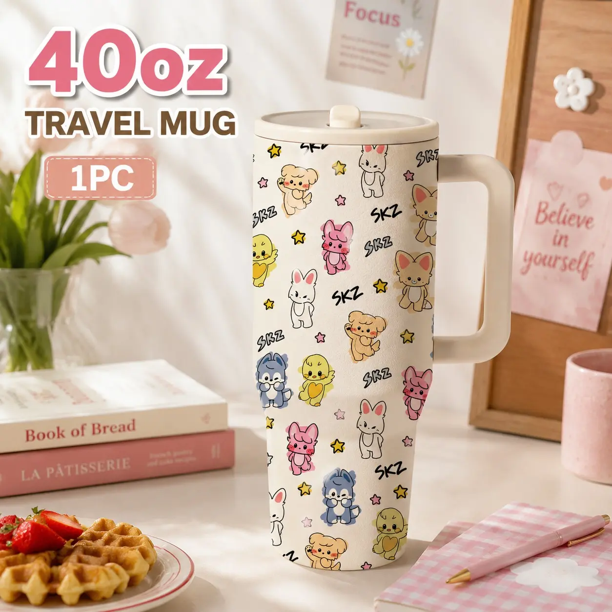 1PC 40oz Insulated Travel Mug with Handle, Double Wall Stainless Steel Tumbler, Leakproof Tumbler, Leak-Proof Lid, Keeps Drinks Cold 24hrs and Hot 12hrs, Cartoon Animal Print Design Coffee Cup, Perfect for Daily Use, Office, School, Travel, Gym, Durable