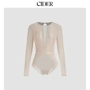 Cider [3 colors, size 2-26] Round Neckline Solid Lace See-through Bodysuit Dealsforyou