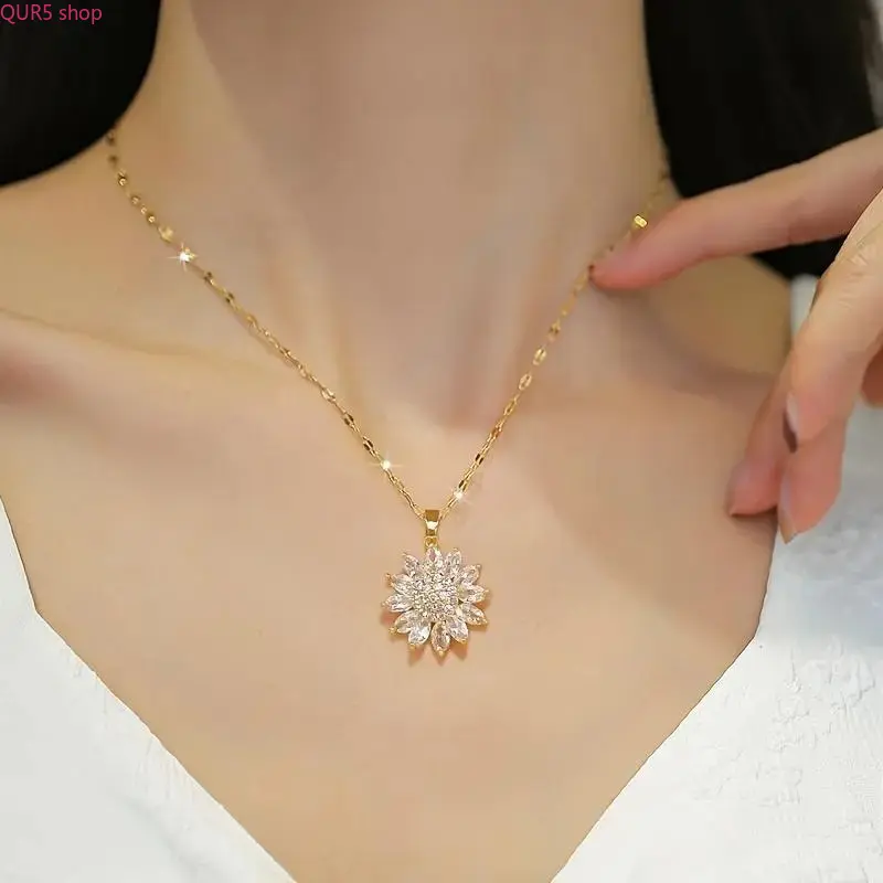Female Sunflower Crystal Inlay Pendant Necklace - Titanium Copper Bone Chain, Elegant Casual Sports & Outdoor Jewelry Gift For Daily Styling, Gifts