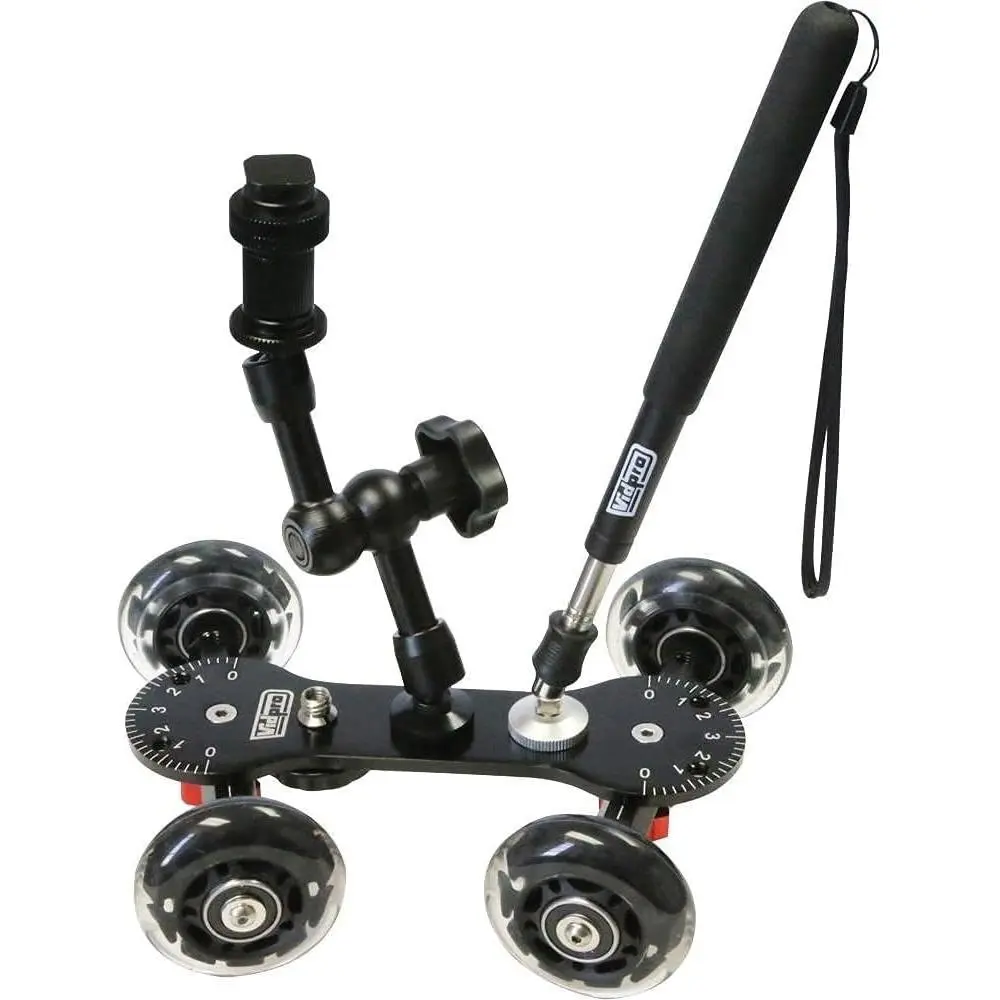 Professional Steel Rolling Camera Slider for DSLR/Camcorder, Default Synthetic Rubber Wheels, Axle Adjust, 25 Lbs Capacity, 7 Mounting Points, Extendable Handle, Ideal for Low-Level Shooting & Panning, Model 1