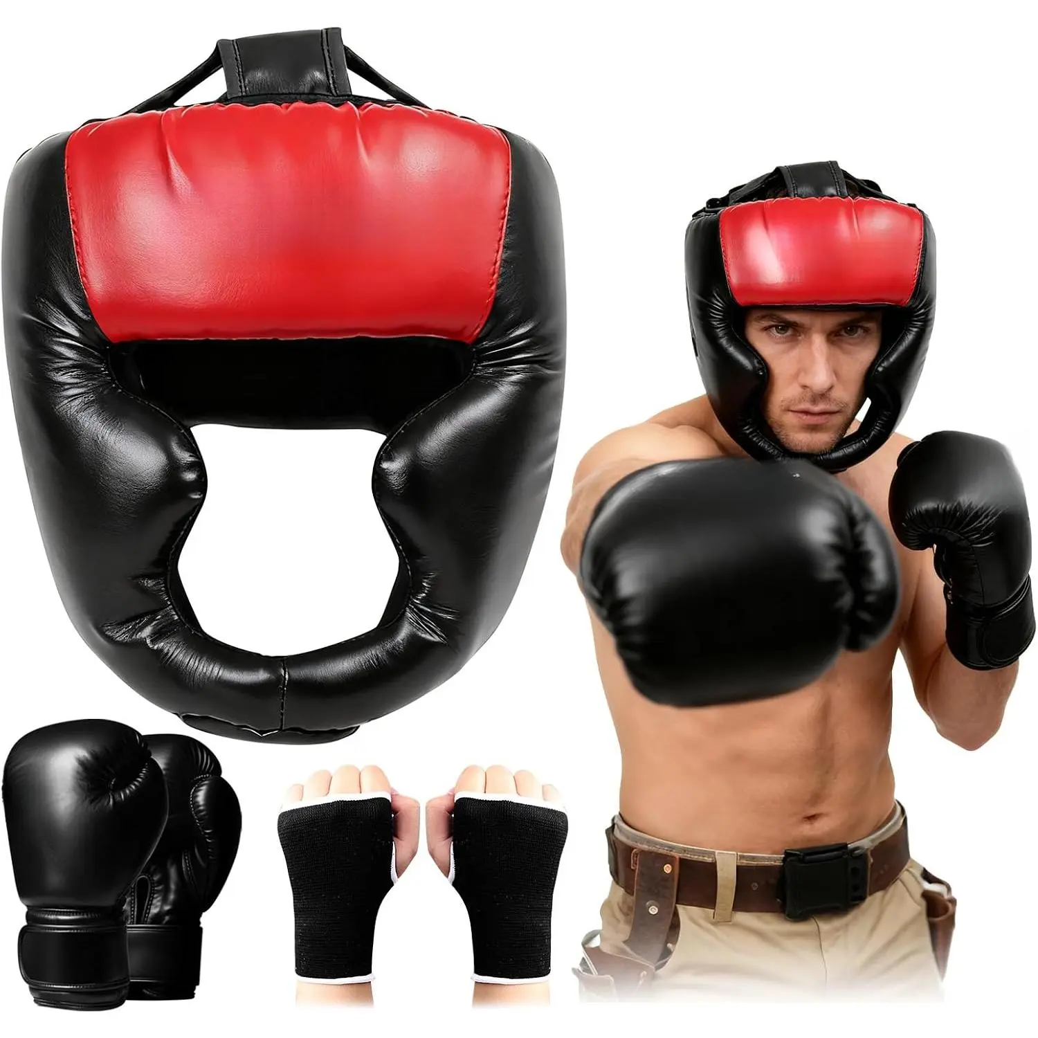 PU Leather Sparring Headgear and Gloves Set, Unisex Boxing Equipment for Adults & Kids, Protective Gear for MMA, Kickboxing & Muay Thai, Boxing Headgear, Martial Arts Style Boxing, Mma Training Gear, Adjustable Strap, Combat Gear