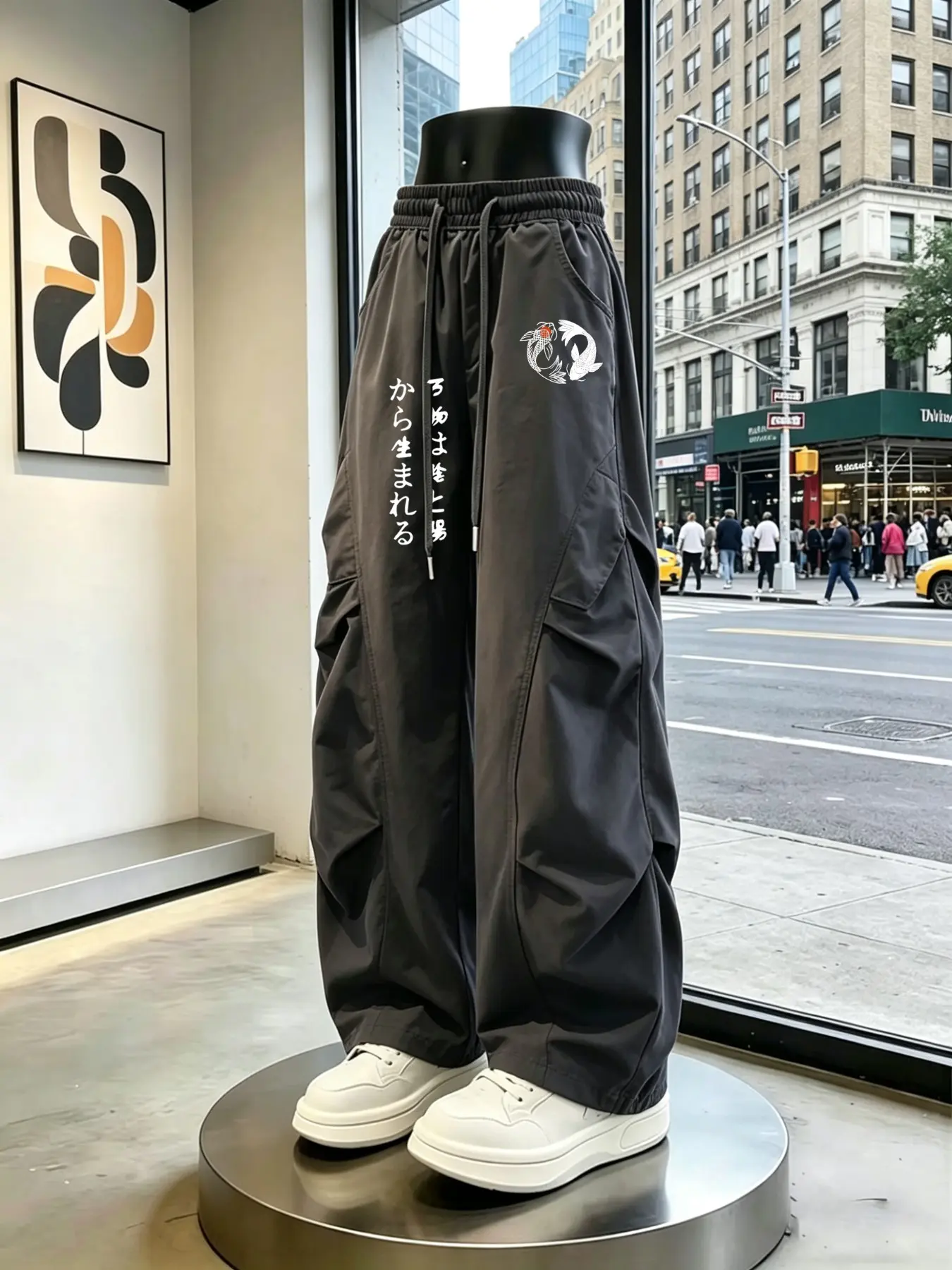 Japanese Cherry Blossom Japanese Text Print Cargo Pants Casual Cargo Style, American High Street Loose Wide Leg Casual Pants for Men, All Seasons