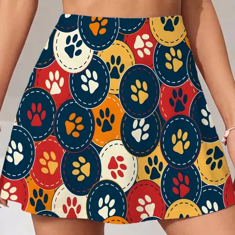Summer Women's Lightweight Sporty Tennis Skirt and Shorts Set with Pockets, Colorful Footprint Print, Ideal for Running Yoga Fitness, Sporty Breathable Sports Skorts